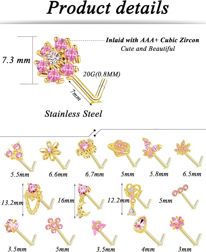 Tornito 16Pcs Nose Rings L Shaped Nose Stud Stainless Steel Butterfly Flower Leaf Heart Moon Dangle Nose Stud Ring Body Piercing Jewelry for Women Men 20G Pink Blue Clear CZ - Image 2